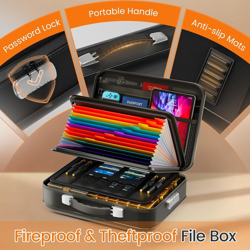 GOELF Fireproof Document Box with Lock, 5200°F Fireproof Water Resistant Hard Case File Organizer Safe Box for Important Documents, Certificates, Laptop, Passports (Black) - Image 4